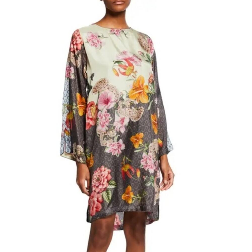 Johnny Was Silk Shift Dress Long Sleeve Floral